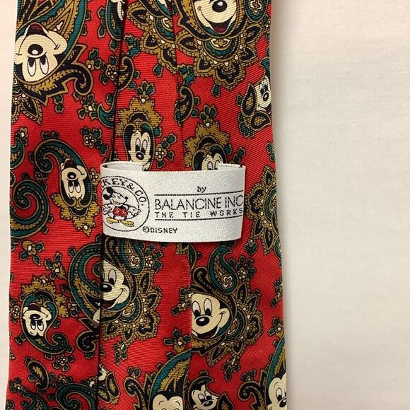 Disney Balancine Inc. Red Gold Mickey Mouse Paisley Print Silk Tie - Picture 6 of 7